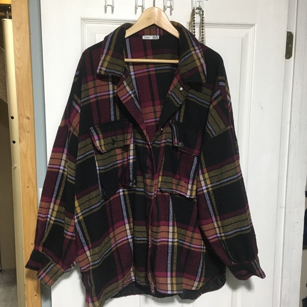 Dex Black Burgundy Olive Plaid Jean Jacket